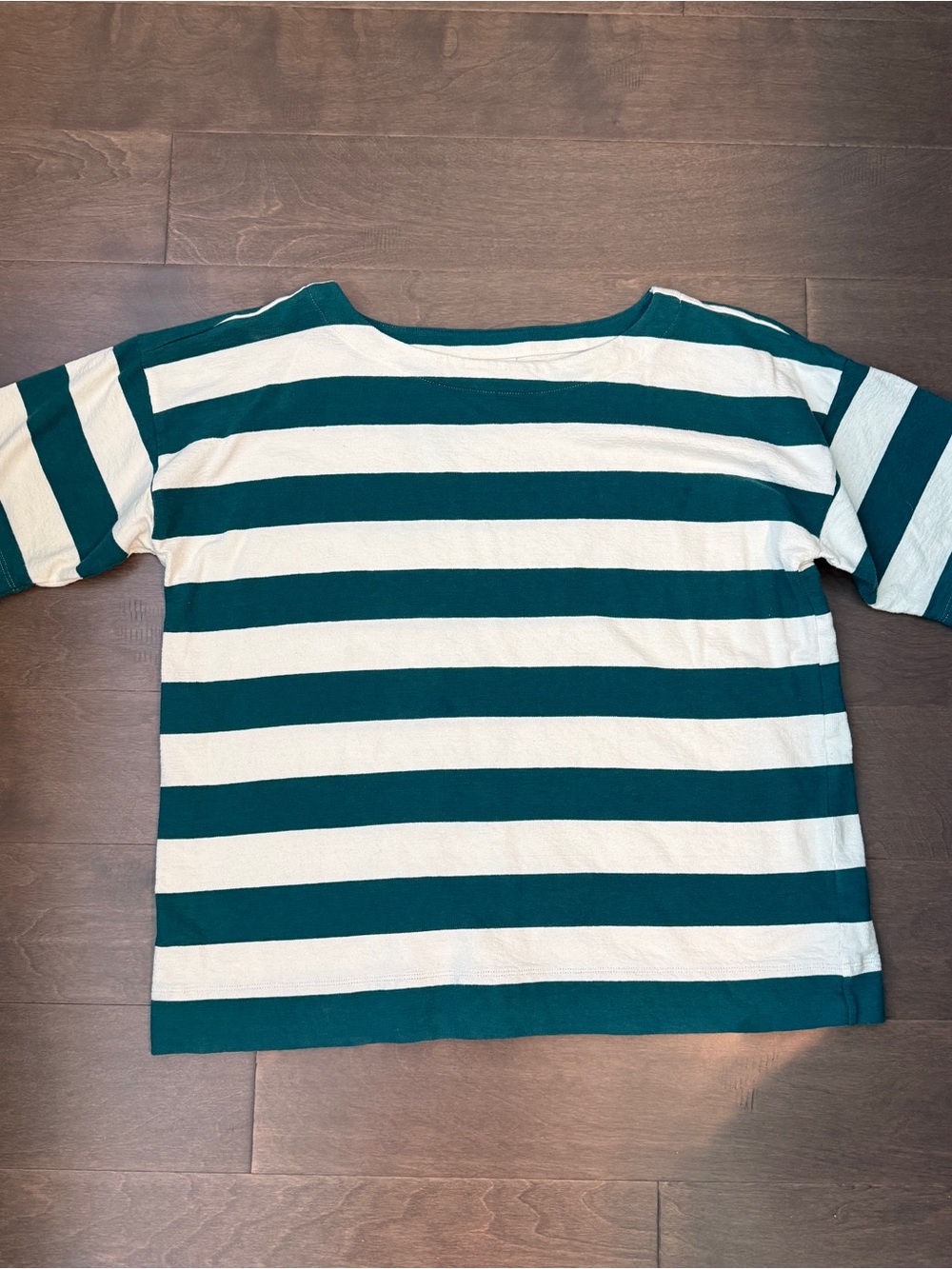 NWOT J. Jill Cotton Short-Sleeve Striped Tee Shirt in Teal Green & White Large